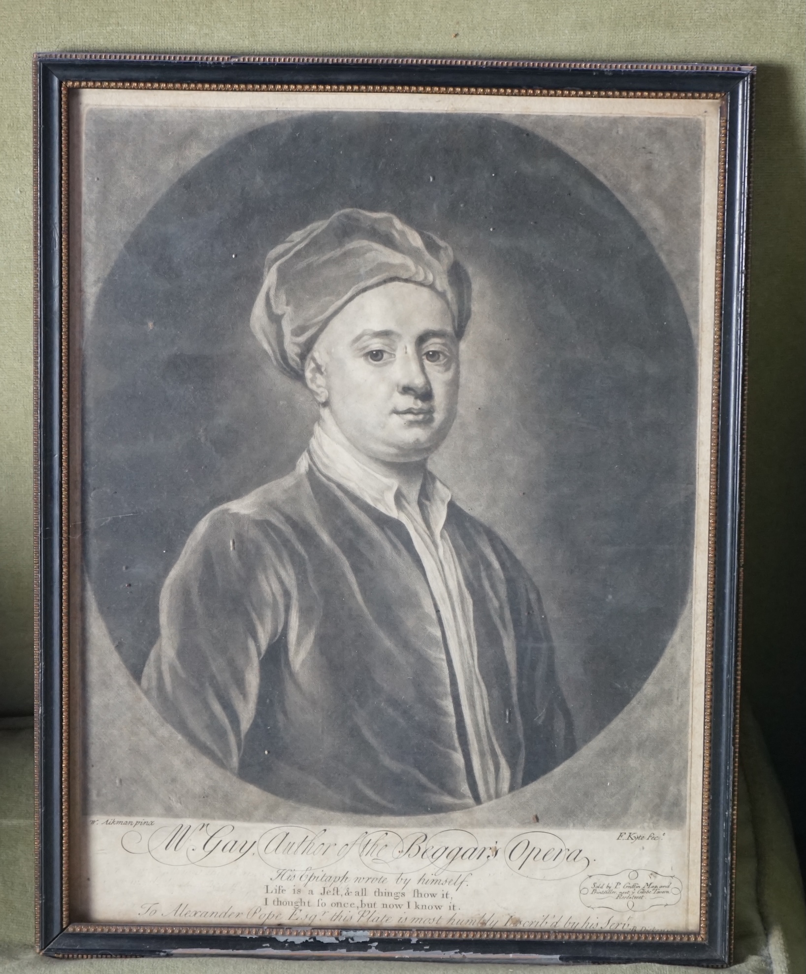 Dixon after Sir Joshua Reynolds Henry Earl of Pembroke & Montgomery 1772, mezzotint 46 x 33cm, and Kyte after Aikman, mezzotint, Mr Gay, author of The Beggar's Opera, 35 x 26cm. Condition - both with some fairly even dis